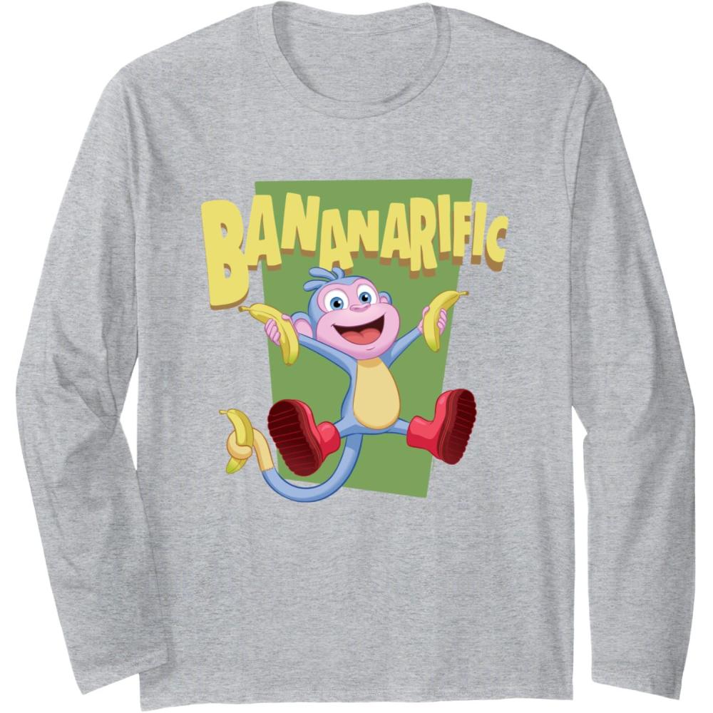 imageDora the Explorer Cute Boots Bananarific Big Chest Logo Long Sleeve TShirtHeather Grey