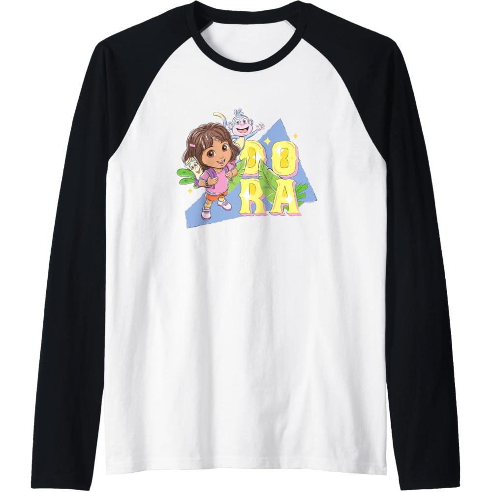 imageDora the Explorer Dora And Friends Colorful Sketch Logo Raglan Baseball TeeBlackWhite