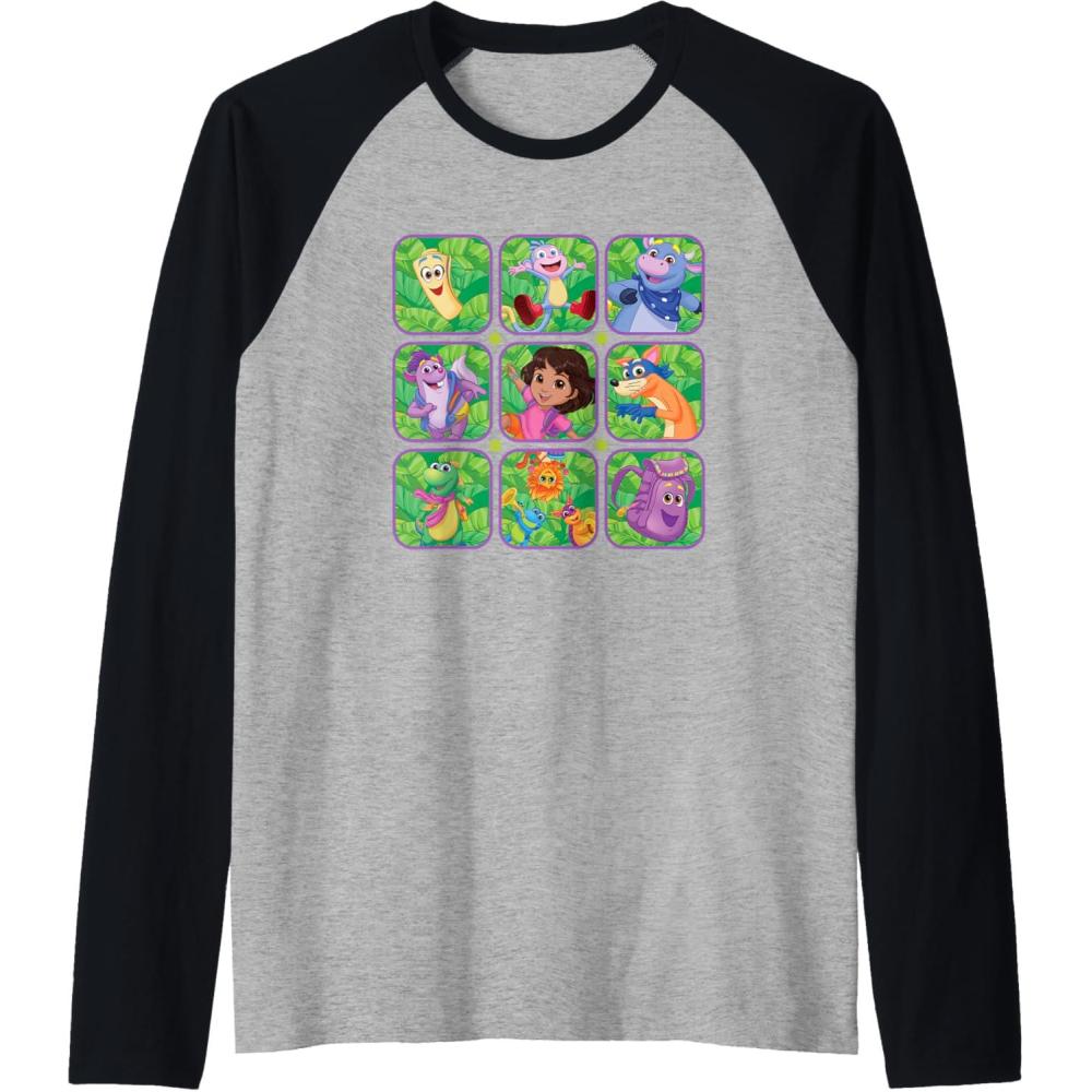imageDora the Explorer Group Shot Characters Boxes Colourful Logo Raglan Baseball TeeBlackAthletic Heather