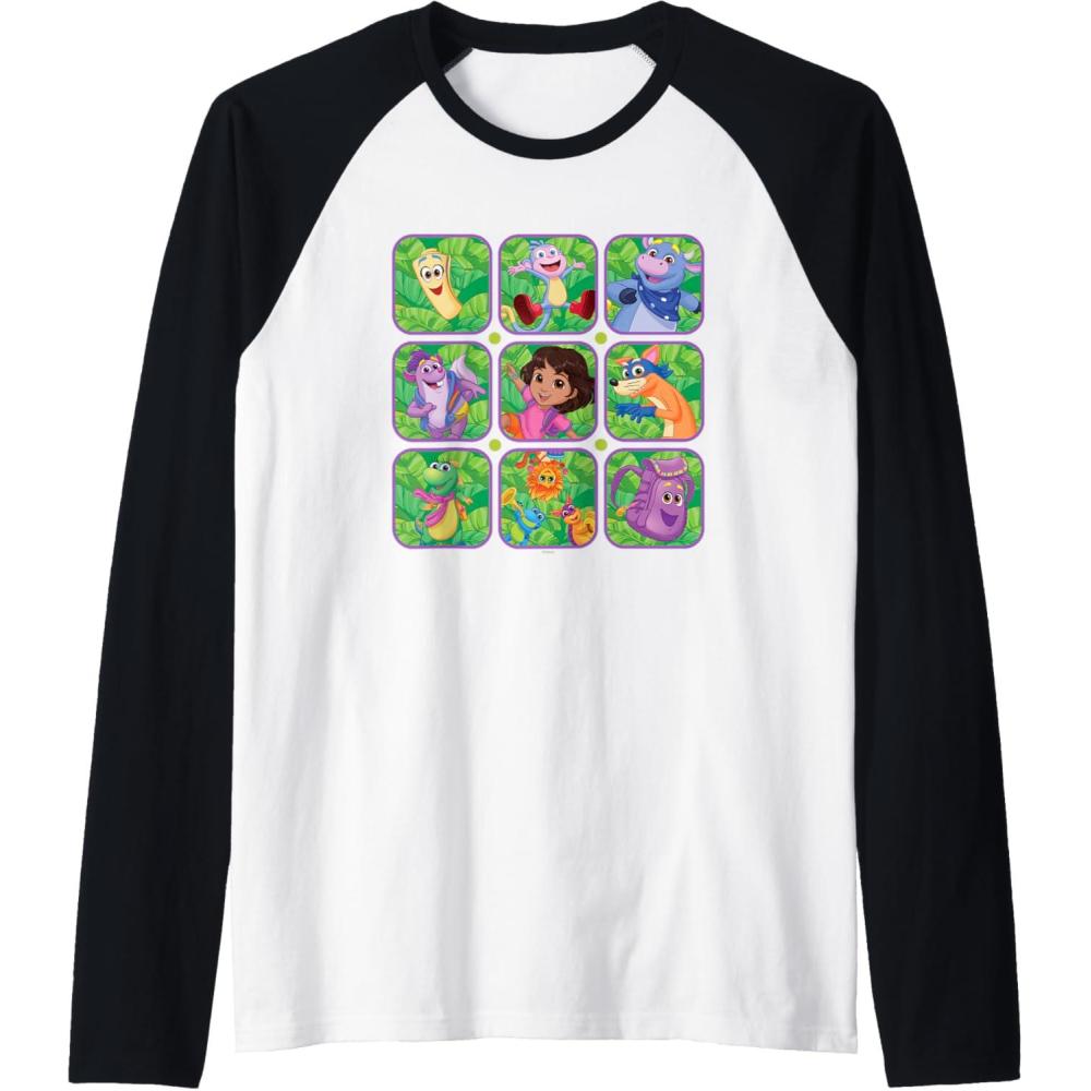 imageDora the Explorer Group Shot Characters Boxes Colourful Logo Raglan Baseball TeeBlackWhite