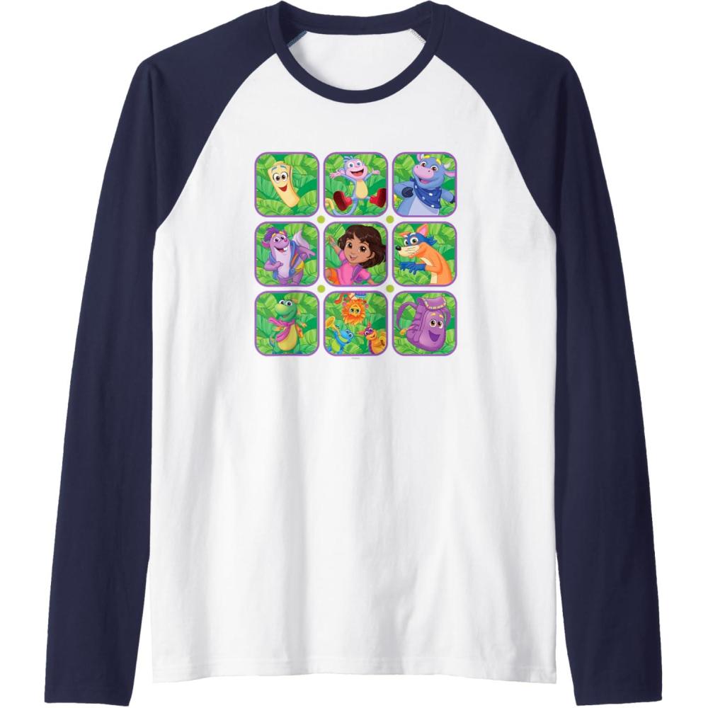imageDora the Explorer Group Shot Characters Boxes Colourful Logo Raglan Baseball TeeNavy BlueWhite
