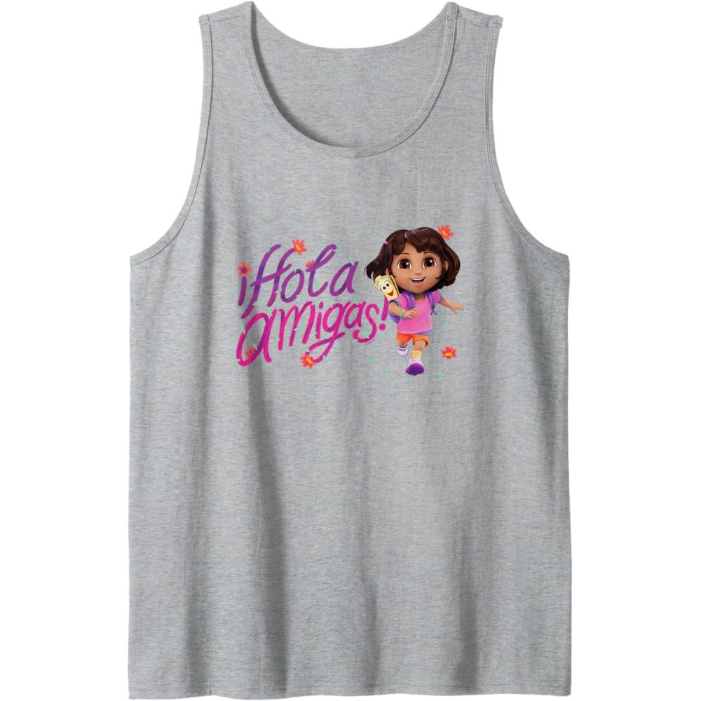 imageDora the Explorer Hola Amigas Colorful Floral Chest Logo Tank TopHeather Grey
