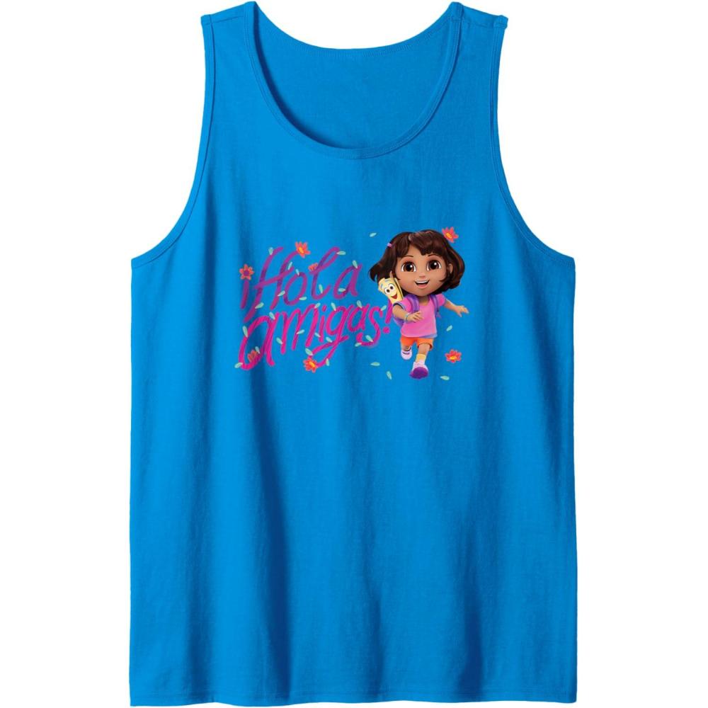 imageDora the Explorer Hola Amigas Colorful Floral Chest Logo Tank TopSapphire Blue