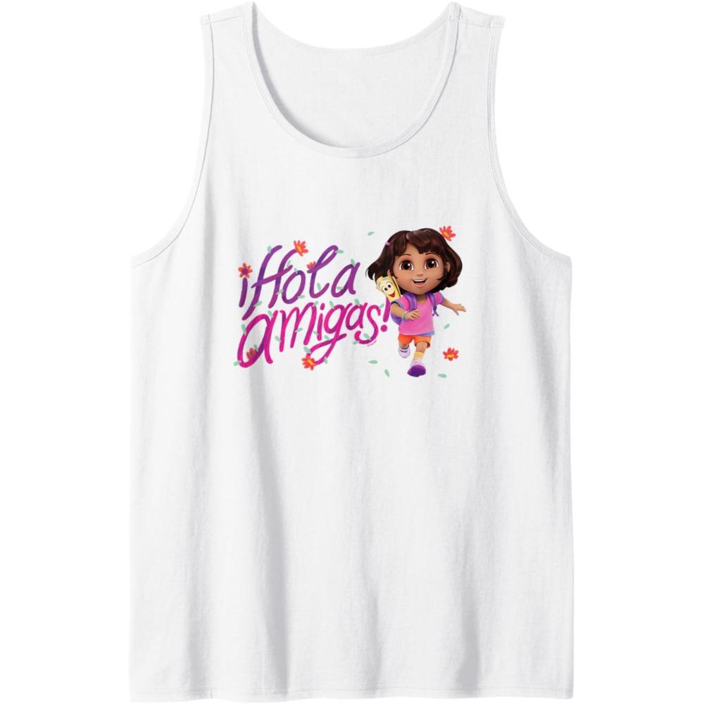 imageDora the Explorer Hola Amigas Colorful Floral Chest Logo Tank TopWhite