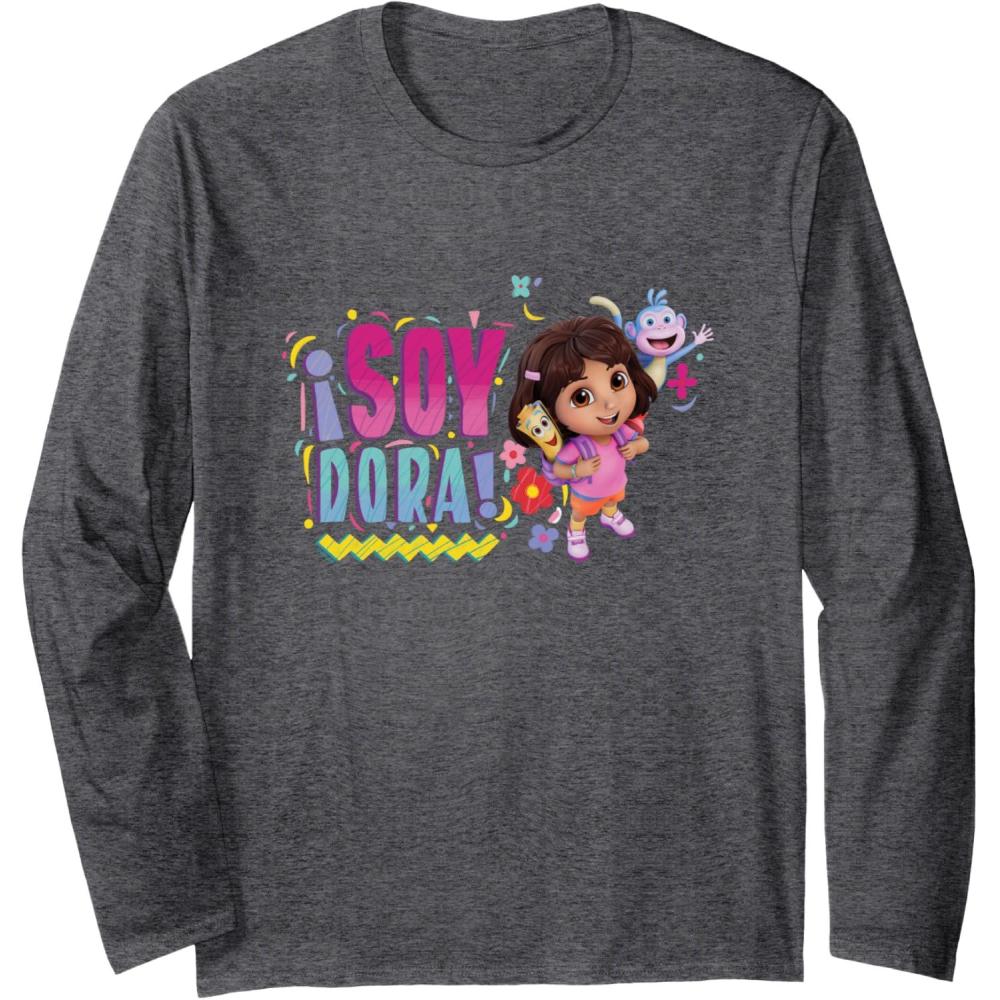 imageDora the Explorer Soy Dora Floral Colorful Big Chest Logo Long Sleeve TShirtDark Heather Grey