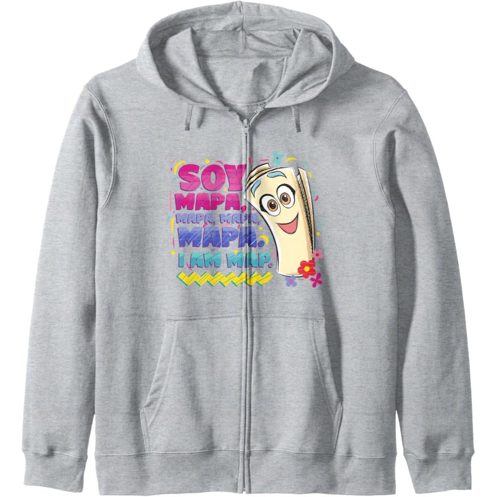 imageDora the Explorer Soy Mapa Mapa Mapa Colorful Sketch Logo Zip HoodieHeather Grey