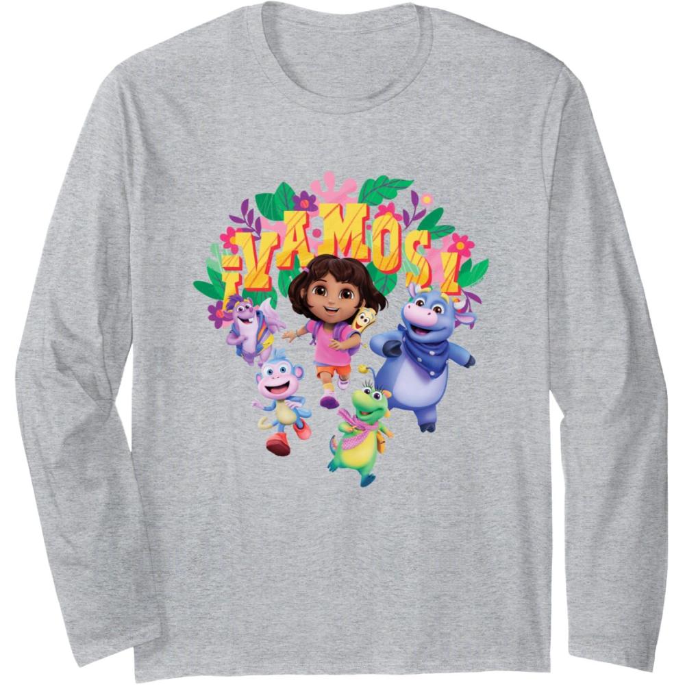 imageDora the Explorer Vamos Group Shot Colourful Chest Logo Long Sleeve TShirtHeather Grey