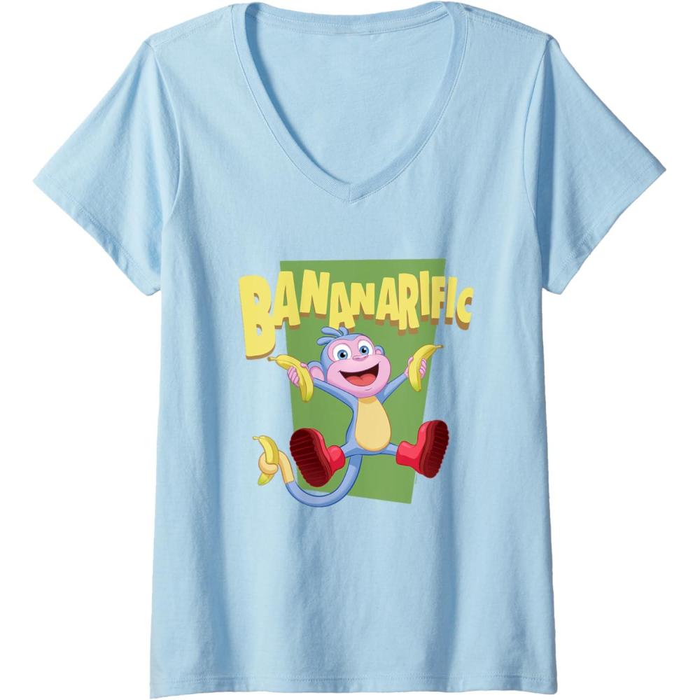 imageWomens Dora the Explorer Cute Boots Bananarific Big Chest Logo VNeck TShirtBaby Blue