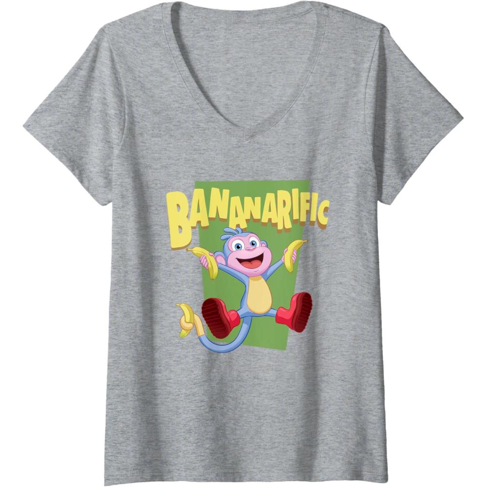 imageWomens Dora the Explorer Cute Boots Bananarific Big Chest Logo VNeck TShirtHeather Grey