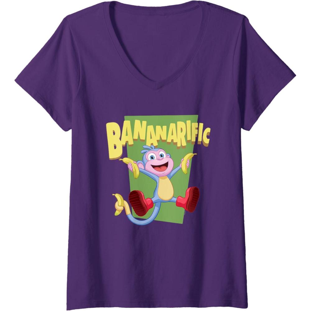 imageWomens Dora the Explorer Cute Boots Bananarific Big Chest Logo VNeck TShirtPurple