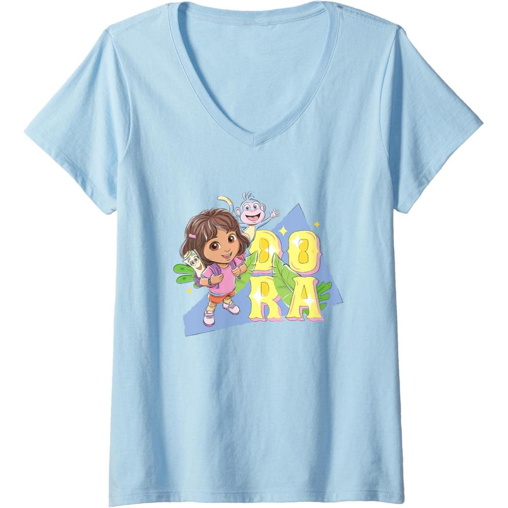 imageWomens Dora the Explorer Dora And Friends Colorful Sketch Logo VNeck TShirtBaby Blue