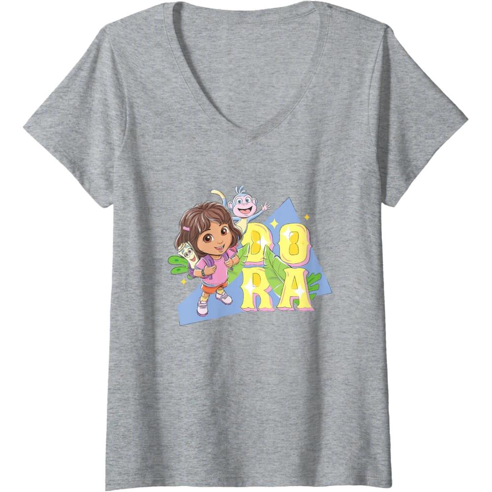 imageWomens Dora the Explorer Dora And Friends Colorful Sketch Logo VNeck TShirtHeather Grey