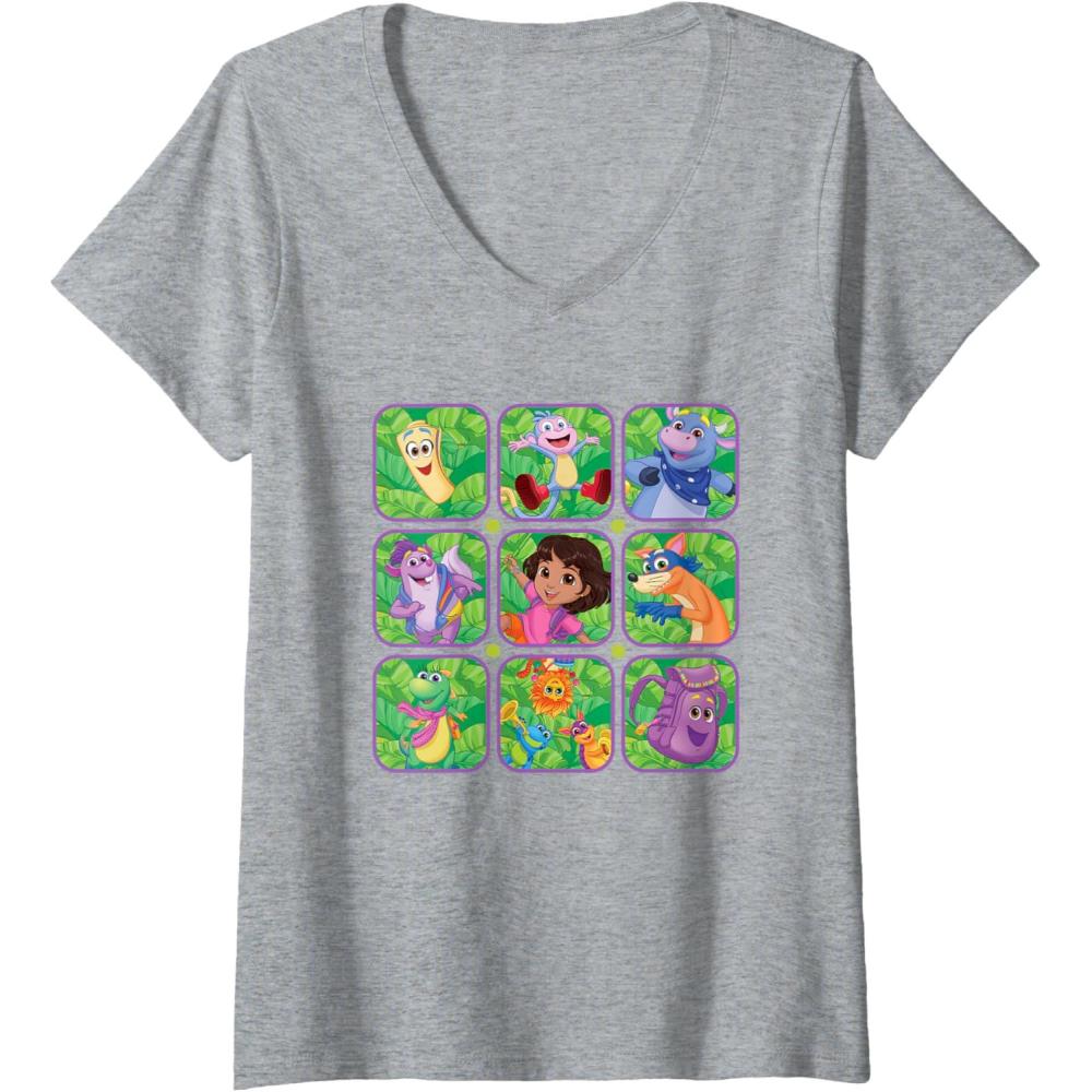 imageWomens Dora the Explorer Group Shot Characters Boxes Colourful Logo VNeck TShirtHeather Grey