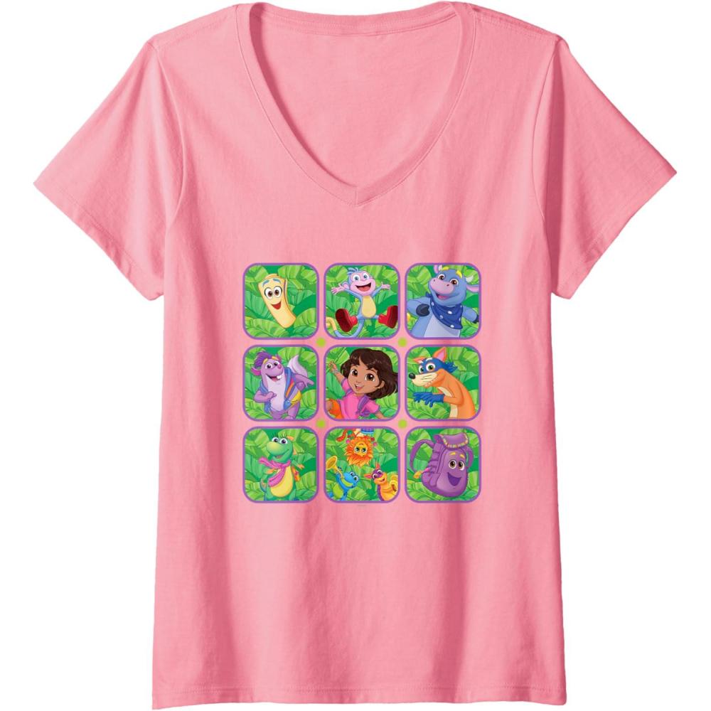 imageWomens Dora the Explorer Group Shot Characters Boxes Colourful Logo VNeck TShirtPink