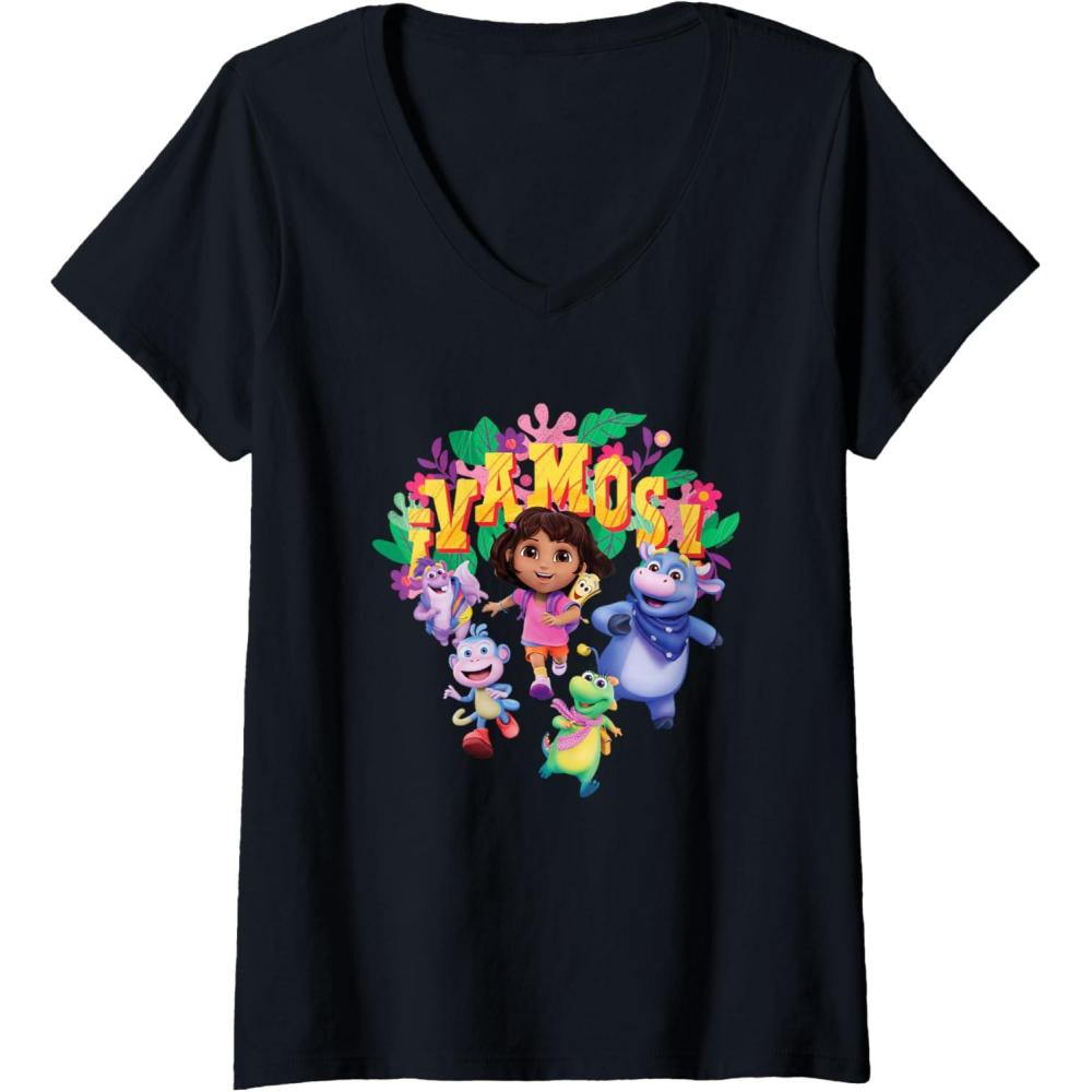 imageWomens Dora the Explorer Vamos Group Shot Colourful Chest Logo VNeck TShirtBlack
