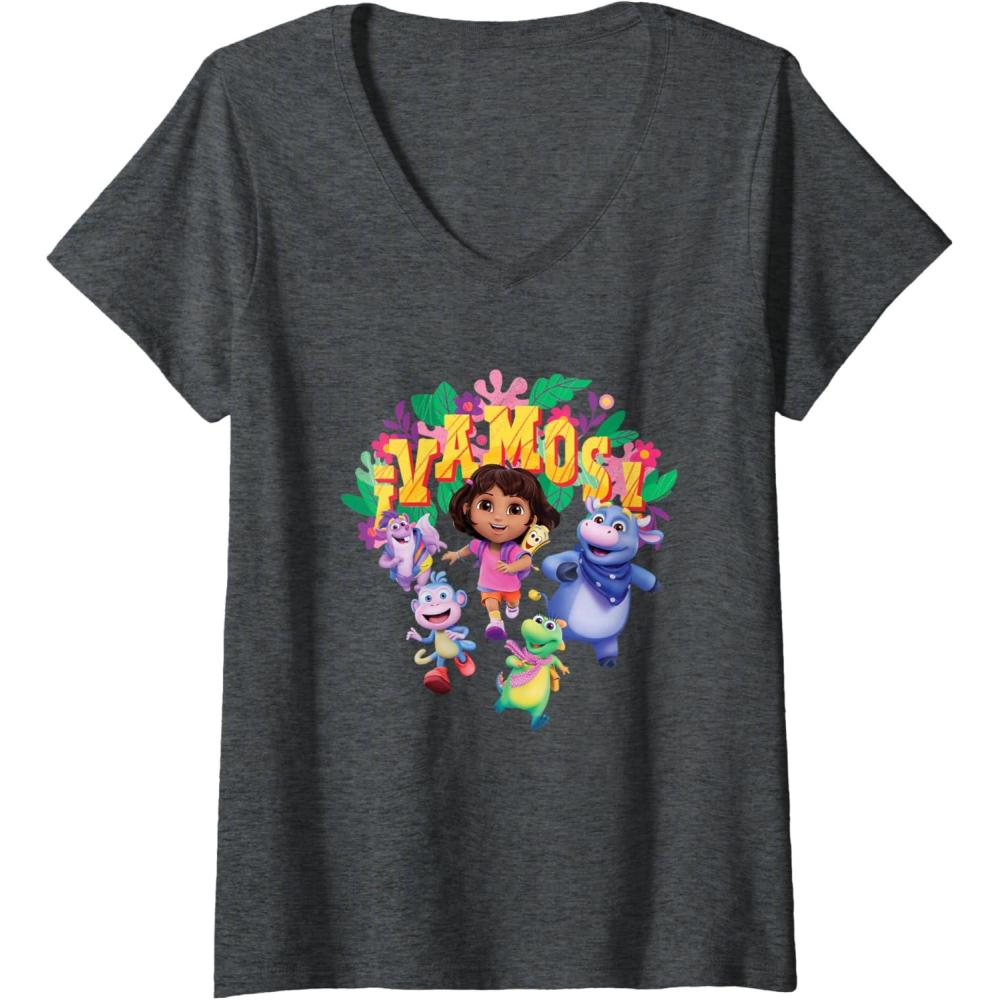 imageWomens Dora the Explorer Vamos Group Shot Colourful Chest Logo VNeck TShirtDark Heather Grey