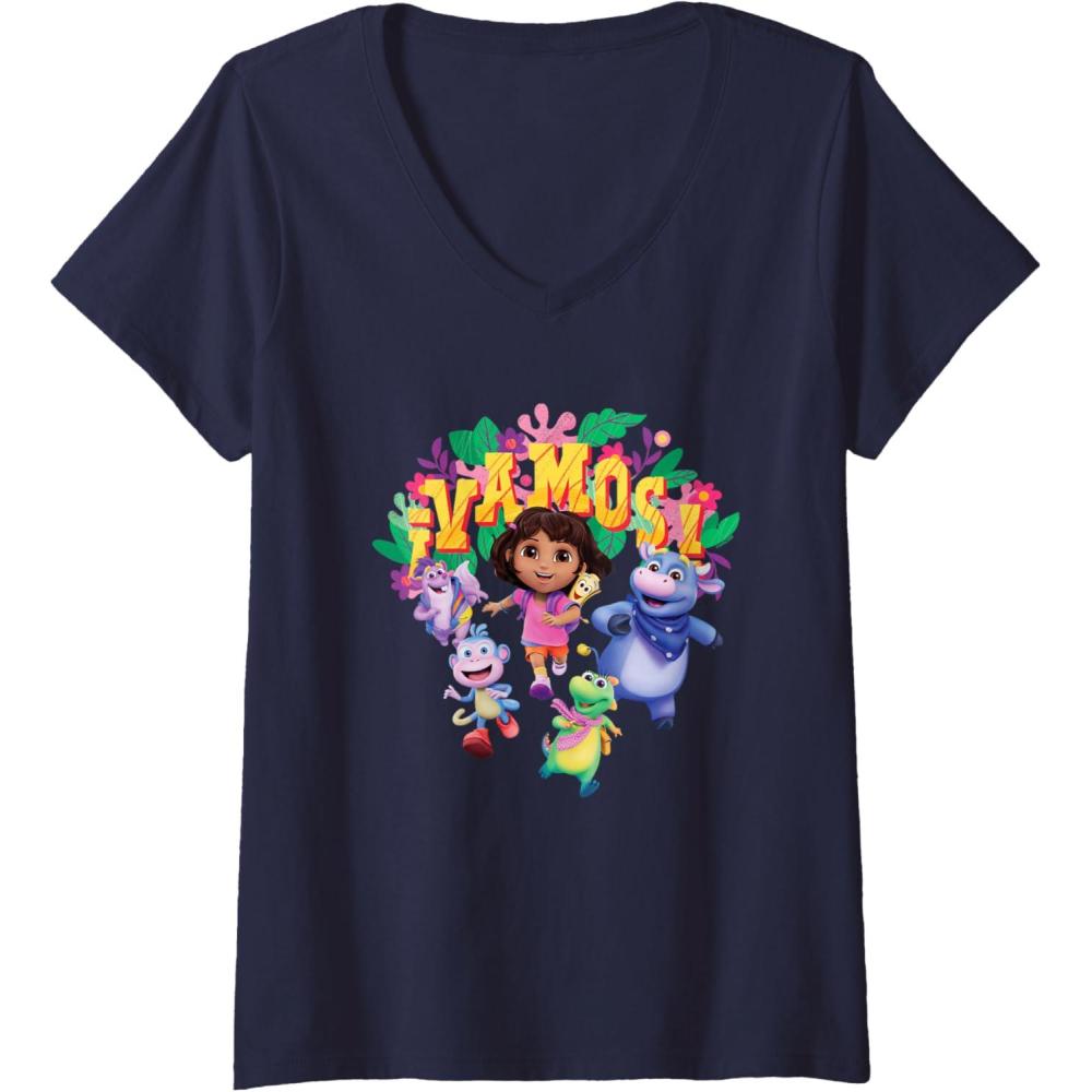 imageWomens Dora the Explorer Vamos Group Shot Colourful Chest Logo VNeck TShirtNavy Blue