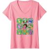 Womens Dora the Explorer Group Shot Characters Boxes Colourful Logo V-Neck T-Shirt(Pink)