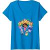 Womens Dora the Explorer ¡Vamos! Group Shot Colourful Chest Logo V-Neck T-Shirt(Sapphire Blue)