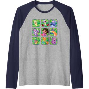 Dora the Explorer Group Shot Characters Boxes Colourful Logo Raglan Baseball Tee(Navy Blue/Athletic Heather)
