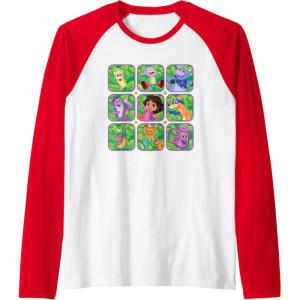 Dora the Explorer Group Shot Characters Boxes Colourful Logo Raglan Baseball Tee(Red/White)
