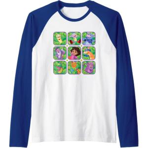 Dora the Explorer Group Shot Characters Boxes Colourful Logo Raglan Baseball Tee(Royal Blue/White)
