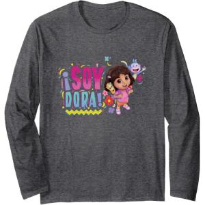 Dora the Explorer ¡Soy Dora! Floral Colorful Big Chest Logo Long Sleeve T-Shirt(Dark Heather Grey)