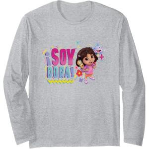 Dora the Explorer ¡Soy Dora! Floral Colorful Big Chest Logo Long Sleeve T-Shirt(Heather Grey)
