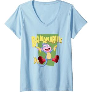 Womens Dora the Explorer Cute Boots Bananarific Big Chest Logo V-Neck T-Shirt(Baby Blue)