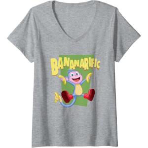 Womens Dora the Explorer Cute Boots Bananarific Big Chest Logo V-Neck T-Shirt(Heather Grey)