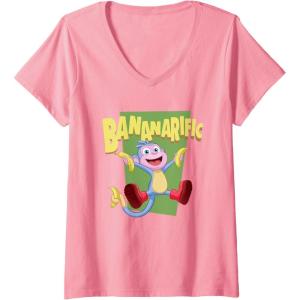 Womens Dora the Explorer Cute Boots Bananarific Big Chest Logo V-Neck T-Shirt(Pink)