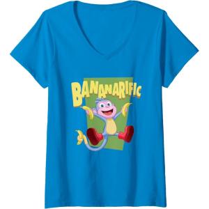 Womens Dora the Explorer Cute Boots Bananarific Big Chest Logo V-Neck T-Shirt(Sapphire Blue)