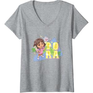Womens Dora the Explorer Dora And Friends Colorful Sketch Logo V-Neck T-Shirt(Heather Grey)