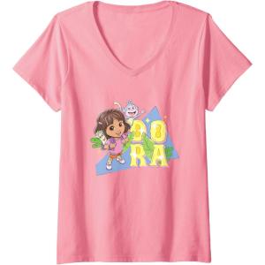 Womens Dora the Explorer Dora And Friends Colorful Sketch Logo V-Neck T-Shirt(Pink)