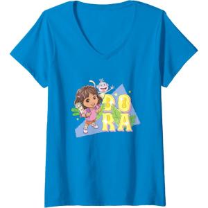 Womens Dora the Explorer Dora And Friends Colorful Sketch Logo V-Neck T-Shirt(Sapphire Blue)
