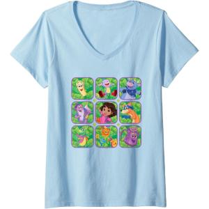 Womens Dora the Explorer Group Shot Characters Boxes Colourful Logo V-Neck T-Shirt(Baby Blue)