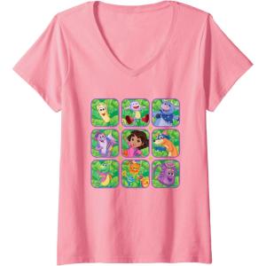 Womens Dora the Explorer Group Shot Characters Boxes Colourful Logo V-Neck T-Shirt(Pink)