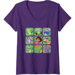 Womens Dora the Explorer Group Shot Characters Boxes Colourful Logo V-Neck T-Shirt(Purple)