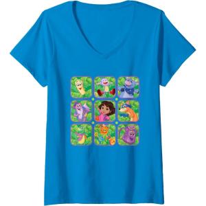 Womens Dora the Explorer Group Shot Characters Boxes Colourful Logo V-Neck T-Shirt(Sapphire Blue)