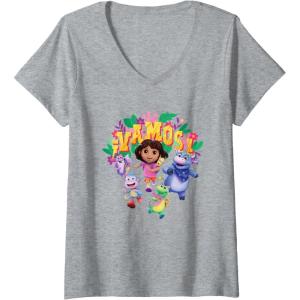 Womens Dora the Explorer ¡Vamos! Group Shot Colourful Chest Logo V-Neck T-Shirt(Heather Grey)