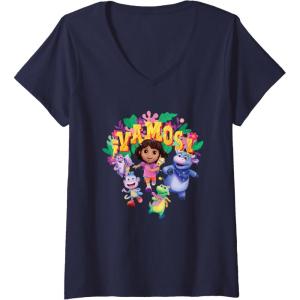Womens Dora the Explorer ¡Vamos! Group Shot Colourful Chest Logo V-Neck T-Shirt(Navy Blue)
