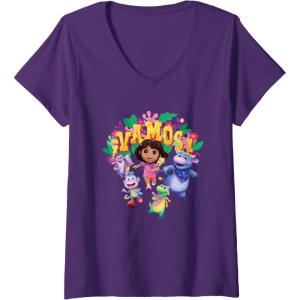Womens Dora the Explorer ¡Vamos! Group Shot Colourful Chest Logo V-Neck T-Shirt(Purple)