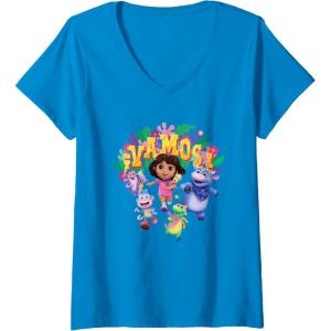 Womens Dora the Explorer ¡Vamos! Group Shot Colourful Chest Logo V-Neck T-Shirt(Sapphire Blue)