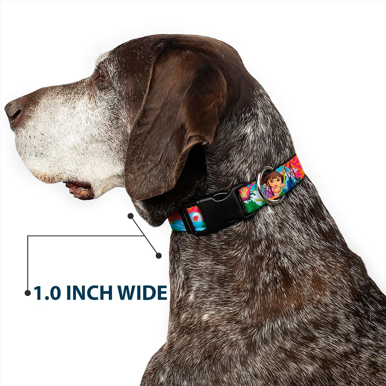 image:imageDog Collar Plastic Clip Dora The Explorer Dora Poses Floral Collage Orange Pink 8 to 12 Inches 05 Inch Wide15 Wide Fits 1623 Neck Medium
