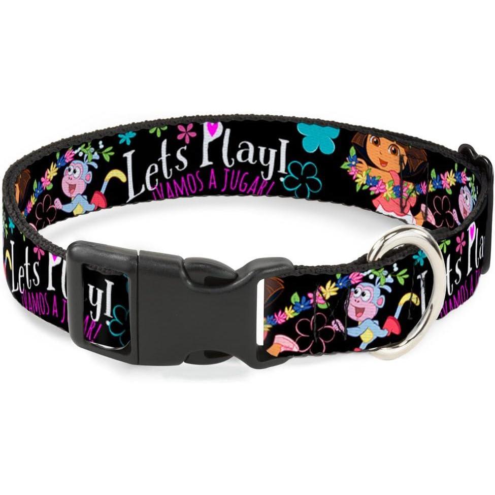 image:imageBuckleDown Dora amp Boots PoseFloral LETS PLAYVAMOS A JUGAR BlackWhiteMulticolor Plastic Clip Collar 12 x 69Small15 Wide Fits 1832 Neck Large