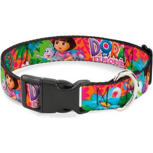 Dog Collar Plastic Clip Dora The Explorer Dora Poses Floral Collage Orange Pink 8 to 12 Inches 0.5 Inch Wide(1″ Wide – Fits 9-15″ Neck – Small)