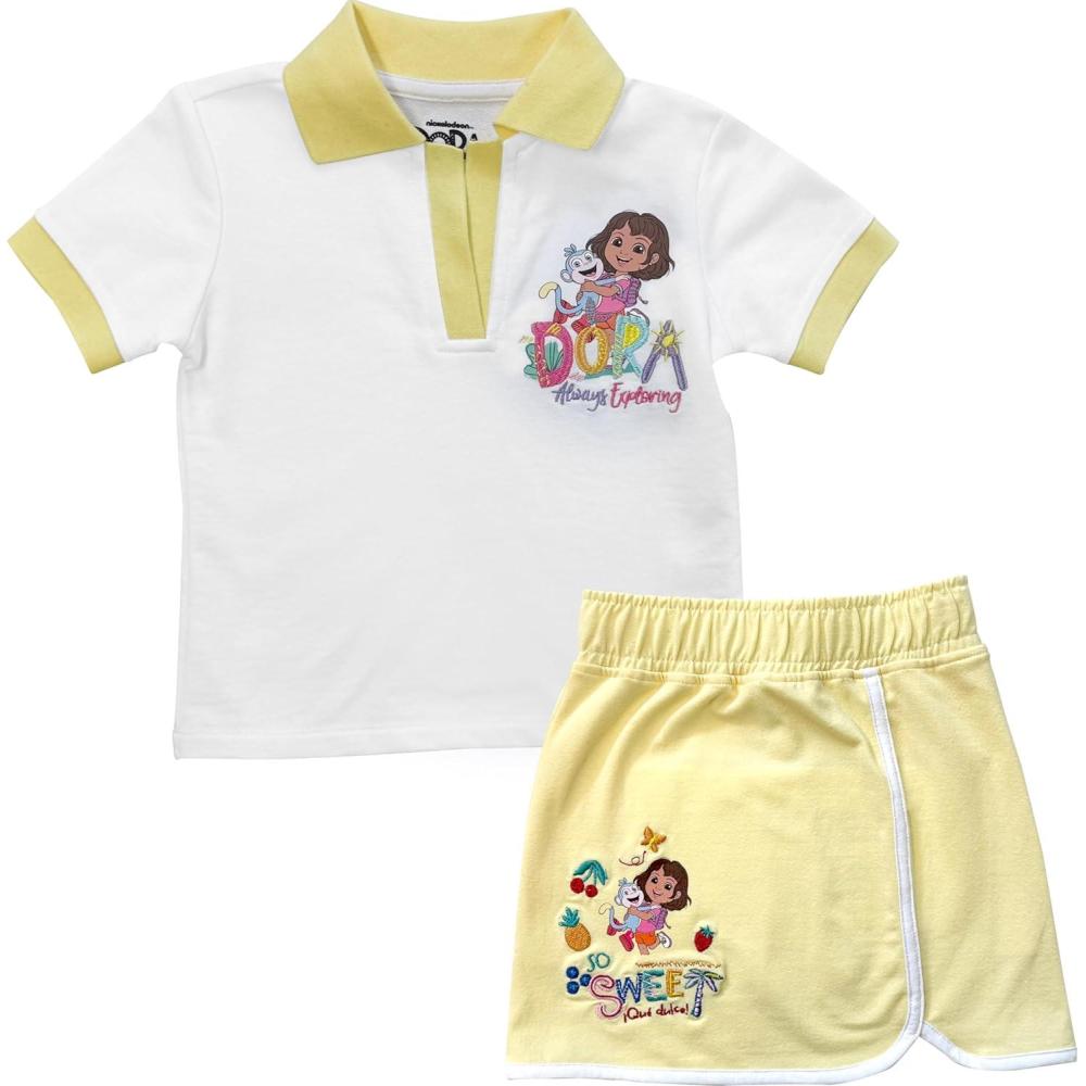 image:imageDORA girls Dora the Explorer Girls 2piece Embroidered Polo amp Skort Outfit Set ToddlerWhiteYellow