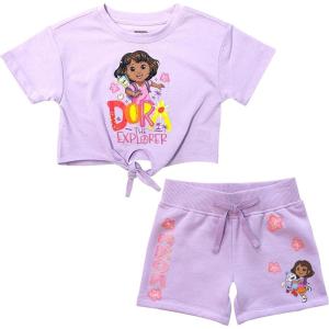 DORA girls Dora the Explorer Girls’ 2-piece Tie Front T-shirt & Shorts Set |Toddler(Lavender)