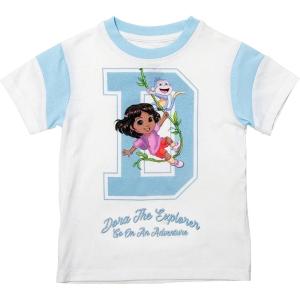 Dora Girls Dora The Explorer Girls’ Embroidered Adventure Graphic Fashion Ringer T-Shirt | Toddler(White/Blue)
